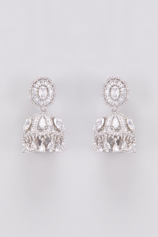 White Finish Zircon Jhumka Earrings