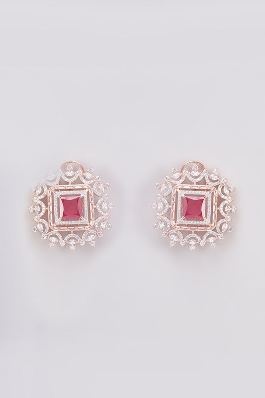 Rose Gold Finish Zircon & Red Stone Stud Earrings