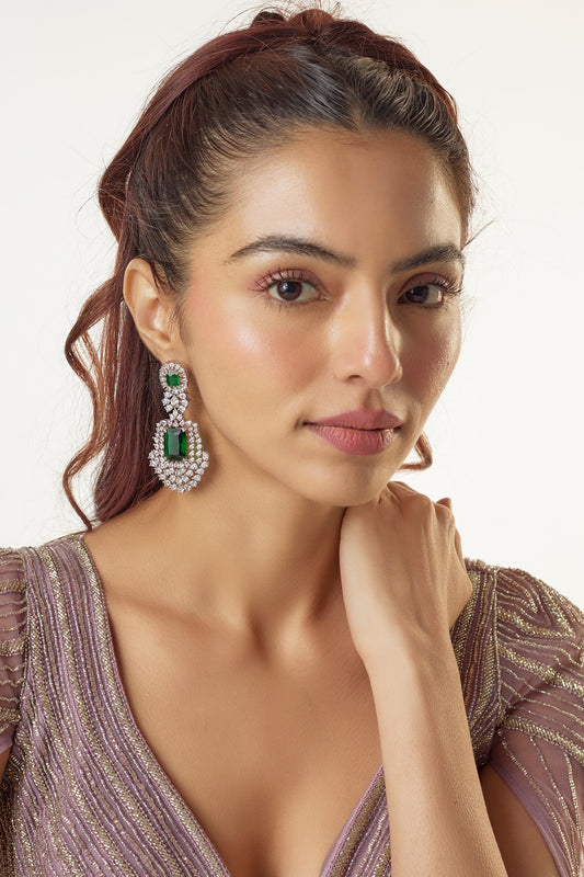 White Finish Zircon & Green Stone Dangler Earrings