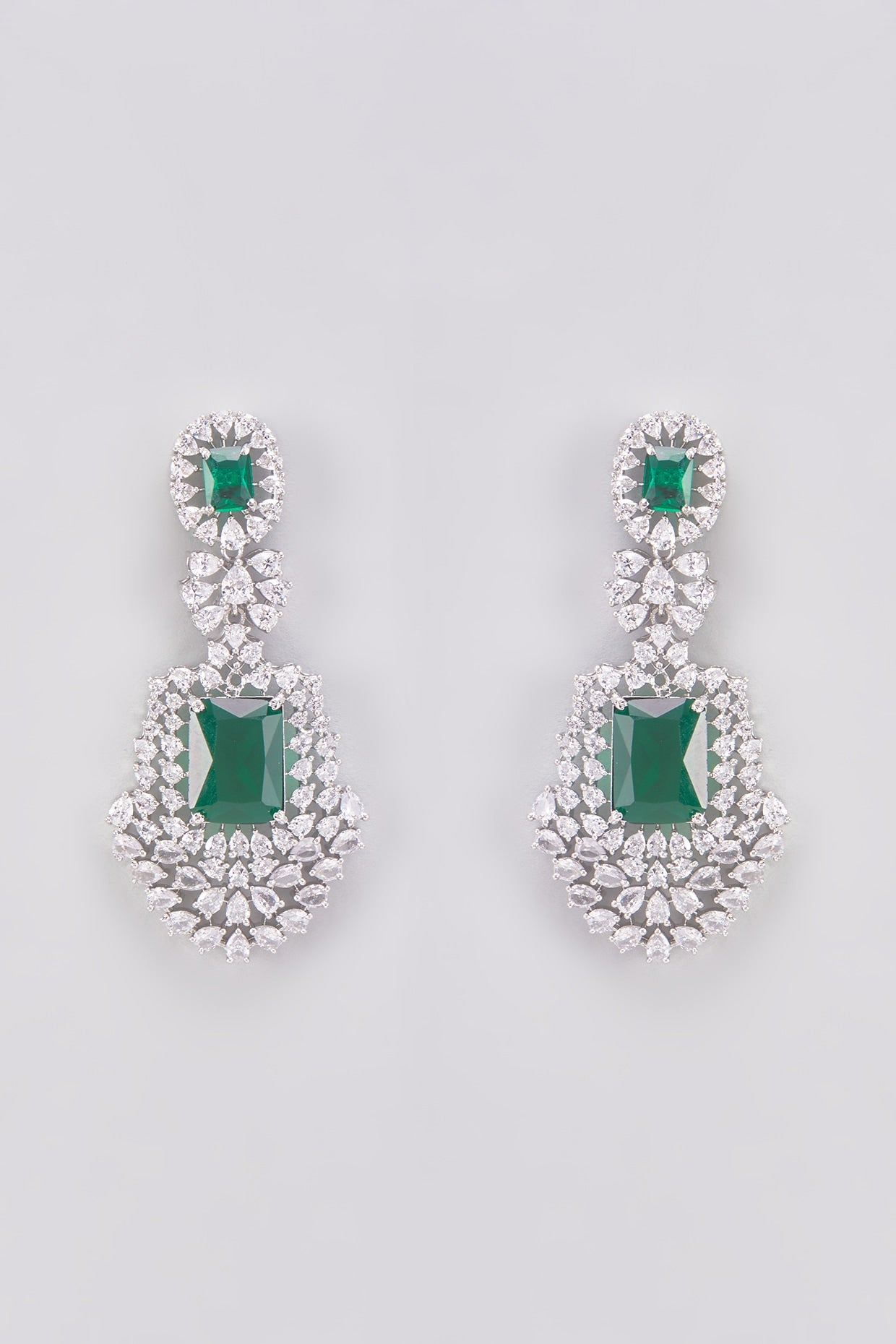 White Finish Zircon & Green Stone Dangler Earrings