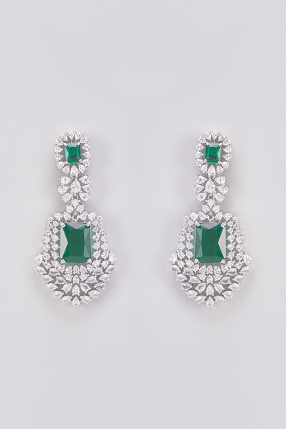 White Finish Zircon & Green Stone Dangler Earrings