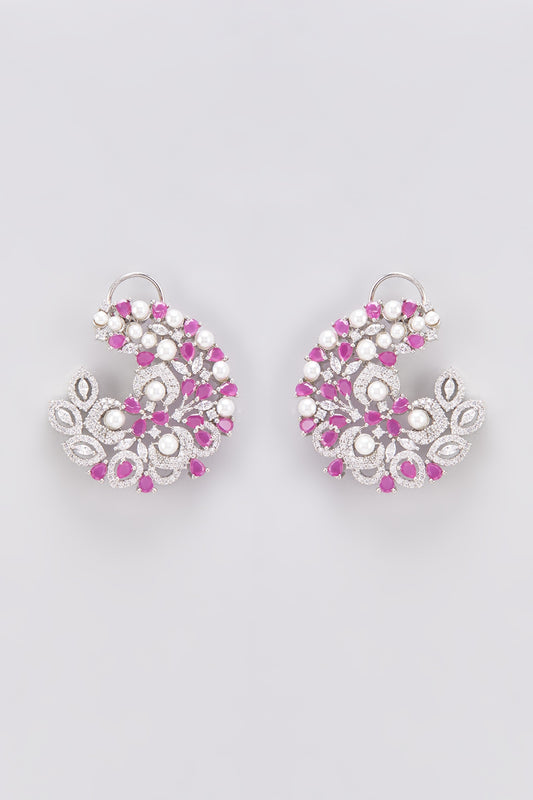 White Finish Zircon & Red Stone Stud Earrings