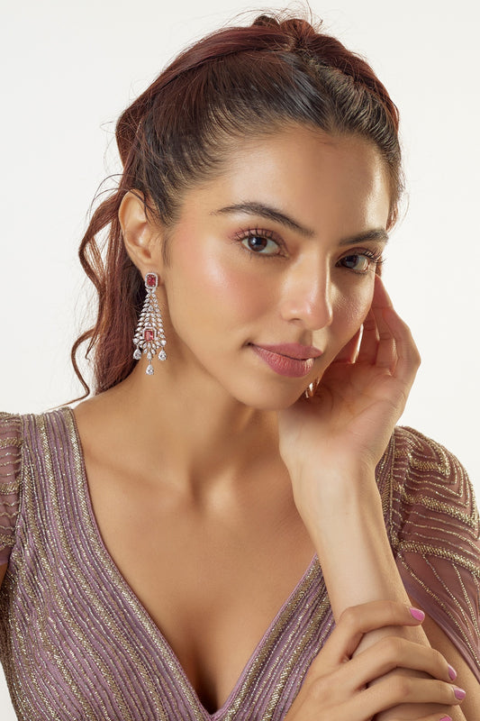 White Finish Zircon & Red Stone Dangler Earrings
