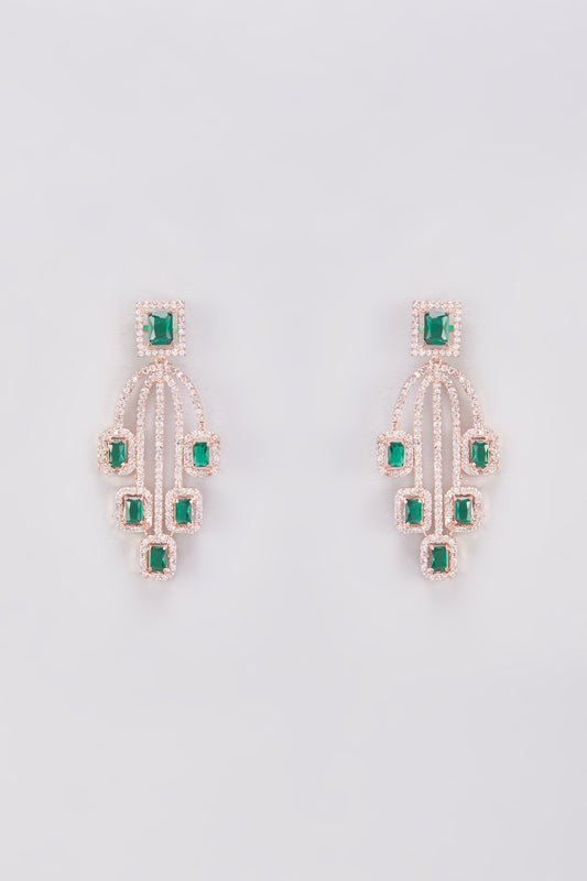 Rose Gold Finish Zircon & Green Stone Dangler Earrings