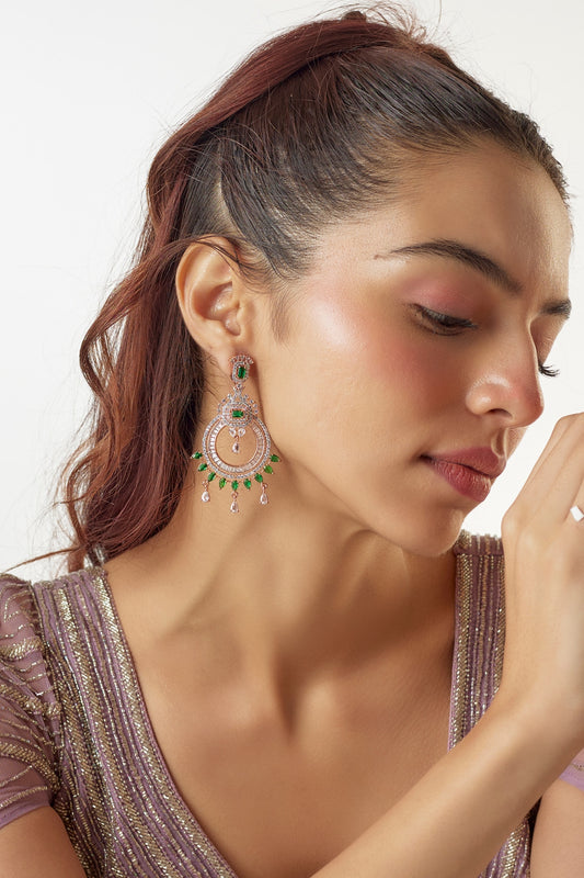 Rose Gold Finish Emerald & Zircon Dangler Earrings
