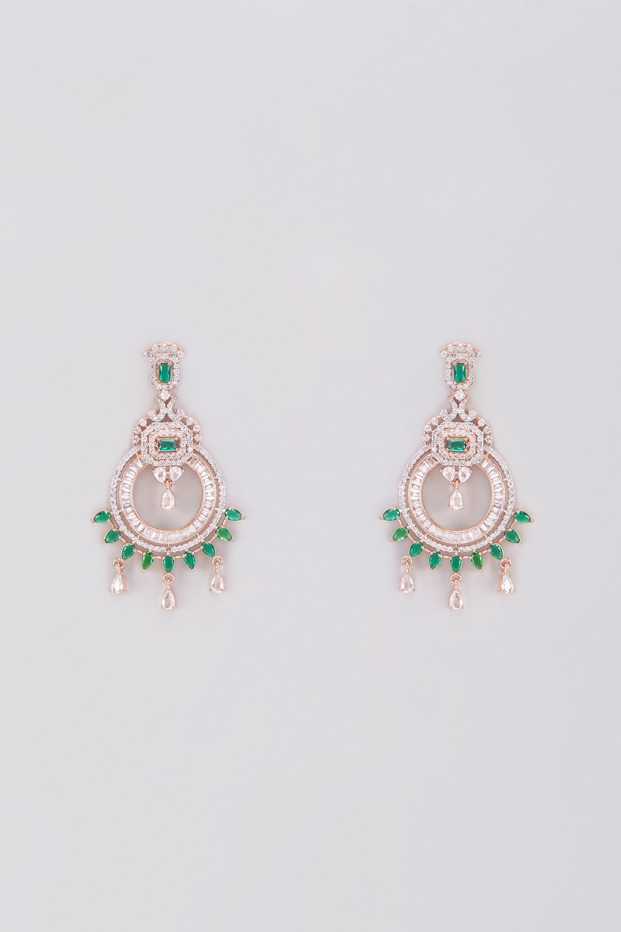 Rose Gold Finish Emerald & Zircon Dangler Earrings