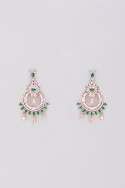 Rose Gold Finish Emerald & Zircon Dangler Earrings