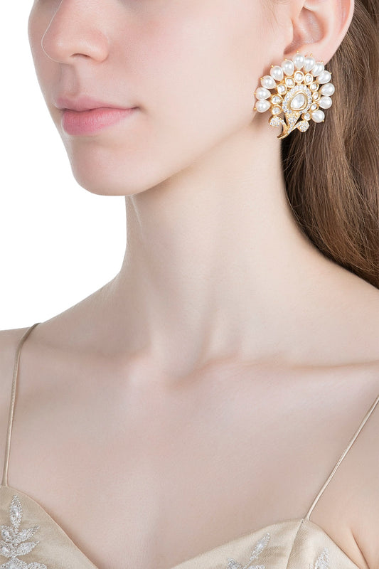 Gold Finish Faux Kundan, Pearl & Diamond Earrings