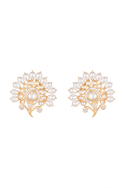 Gold Finish Faux Kundan, Pearl & Diamond Earrings