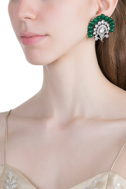 White Finish Green Bead & Faux Kundan Earrings