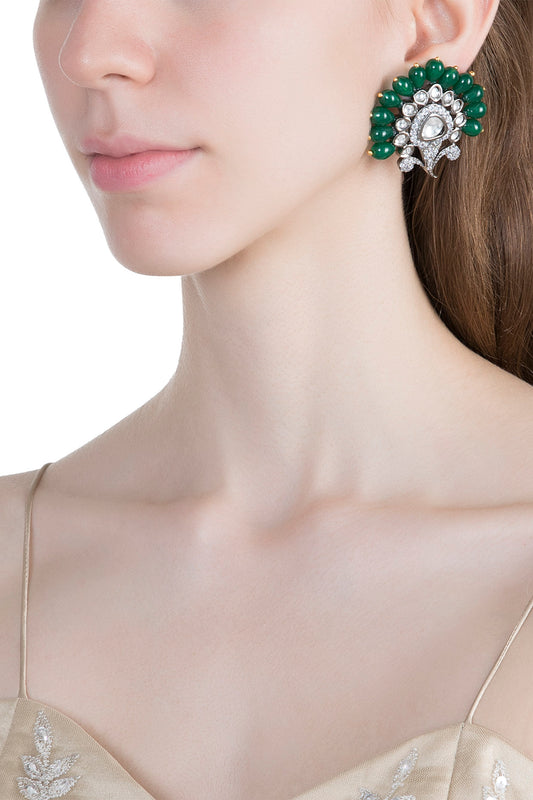 White Finish Green Bead & Faux Kundan Earrings
