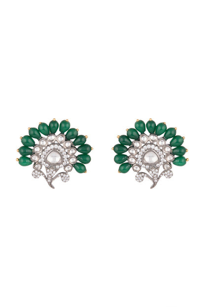 White Finish Green Bead & Faux Kundan Earrings