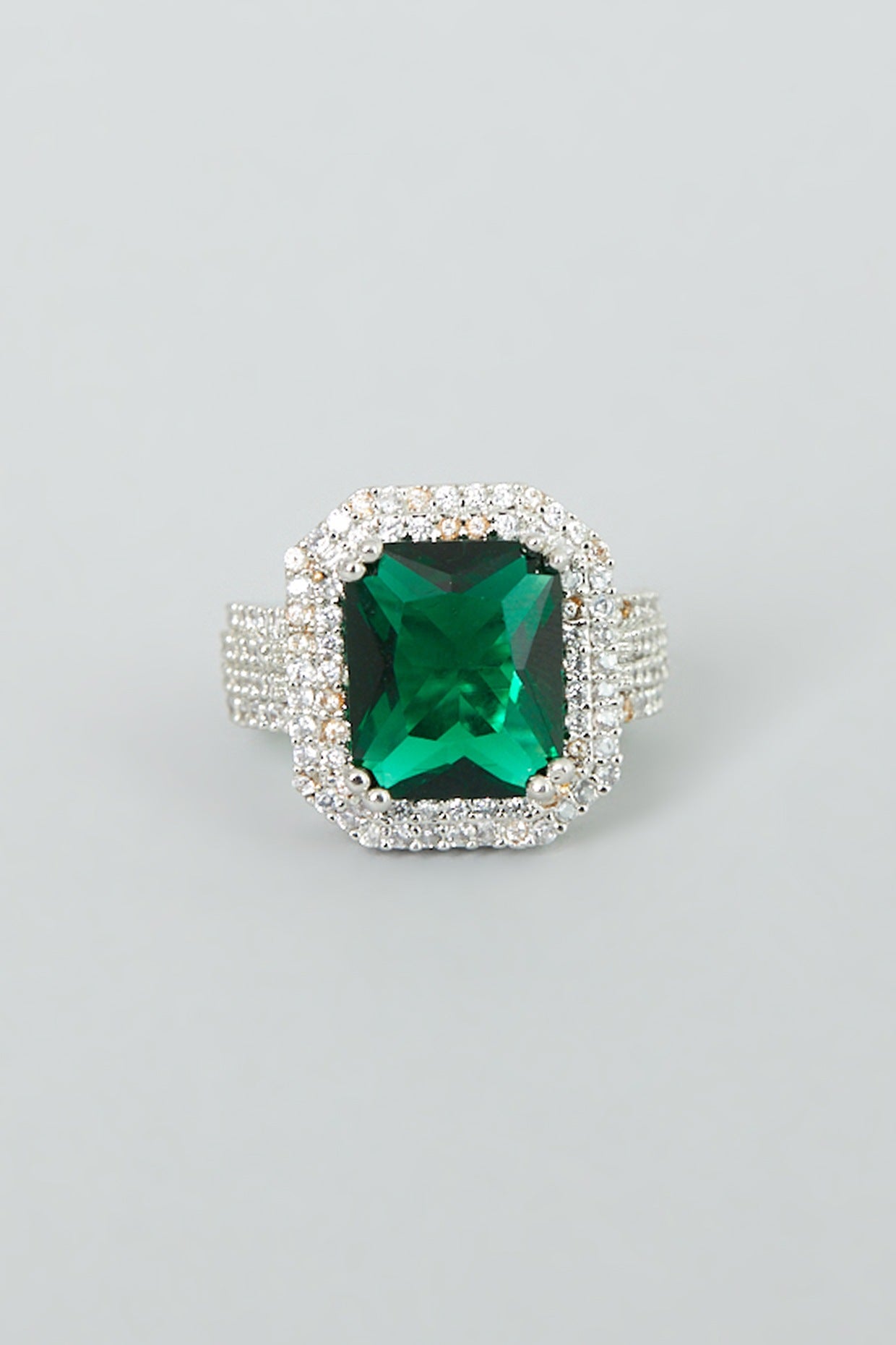 White Finish Emerald Synthetic Stone & Zircon Ring