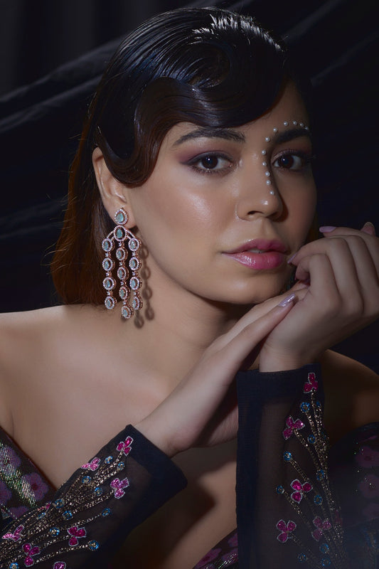 Rose Gold Finish Zircon & Aqua Stone Dangler Earrings