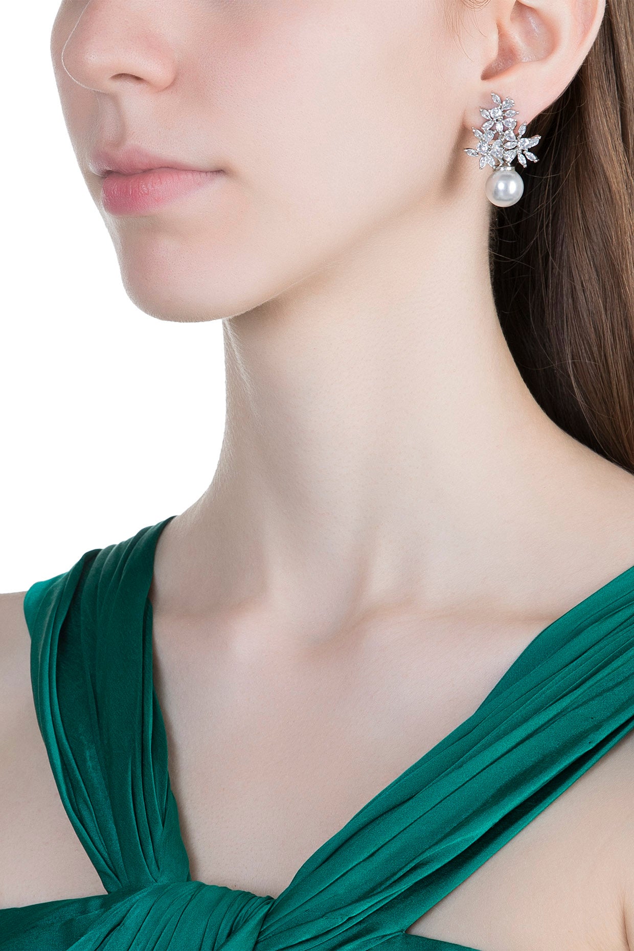 White Finish Faux Diamonds & Pearl Earrings