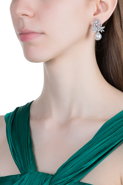 White Finish Faux Diamonds & Pearl Earrings