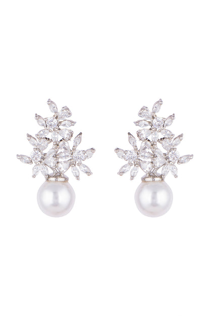 White Finish Faux Diamonds & Pearl Earrings