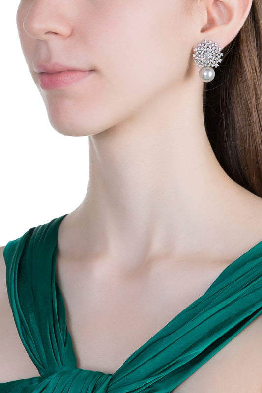 White Finish Faux Pearl & Diamonds Earrings