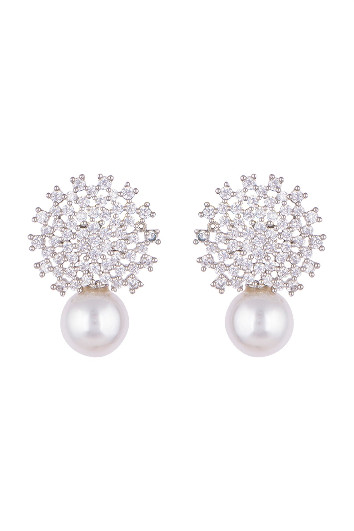 White Finish Faux Pearl & Diamonds Earrings