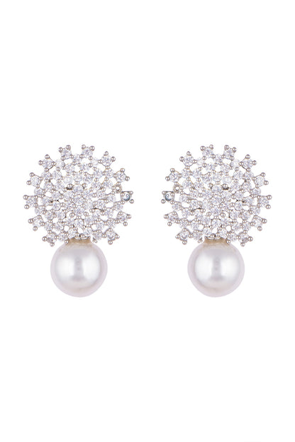White Finish Faux Pearl & Diamonds Earrings