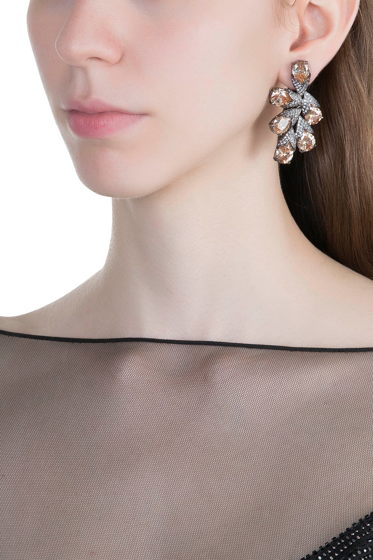 Black Rhodium Finish Faux Diamonds & Yellow Stones Earrings