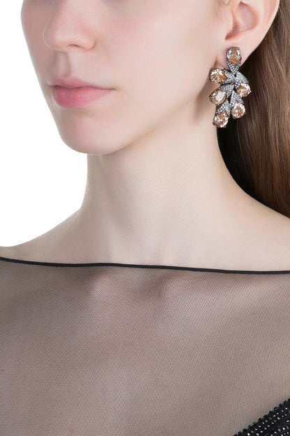 Black Rhodium Finish Faux Diamonds & Yellow Stones Earrings