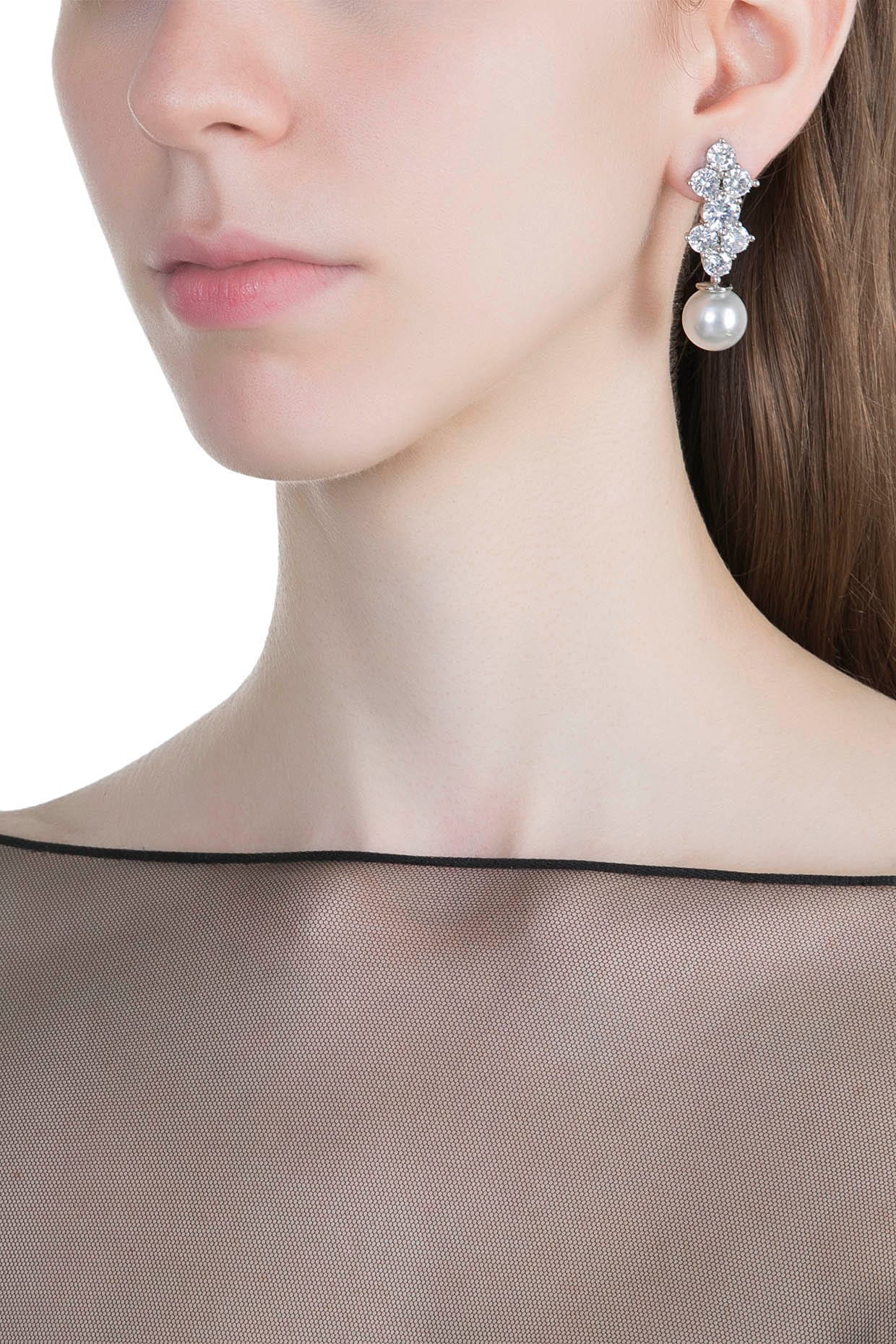 White Finish Faux Diamonds & Pearl Drop Earrings