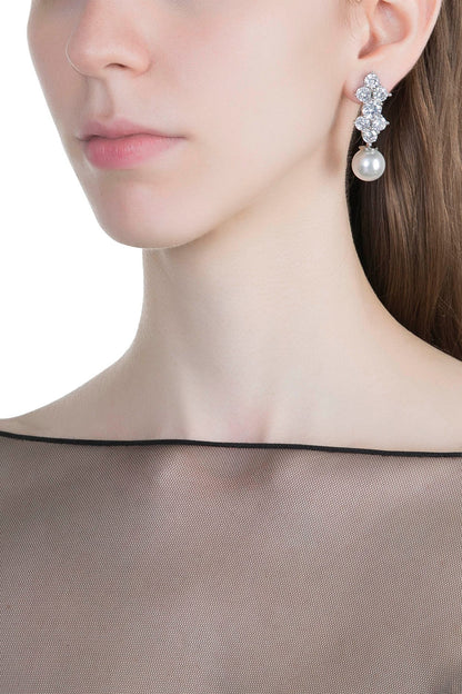 White Finish Faux Diamonds & Pearl Drop Earrings