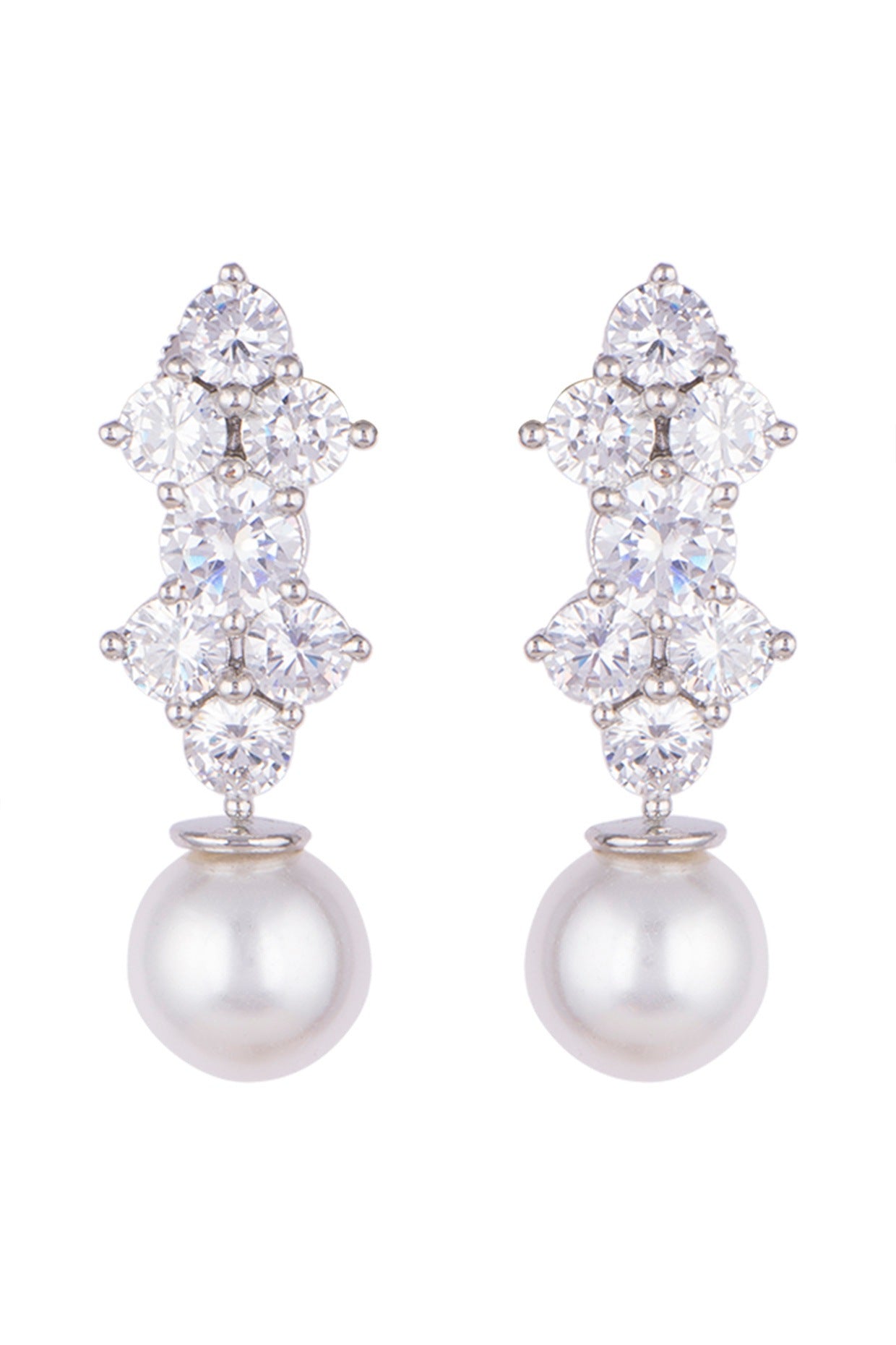 White Finish Faux Diamonds & Pearl Drop Earrings