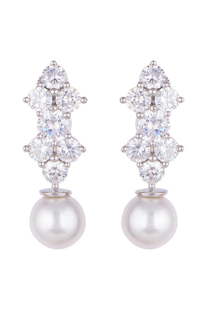 White Finish Faux Diamonds & Pearl Drop Earrings