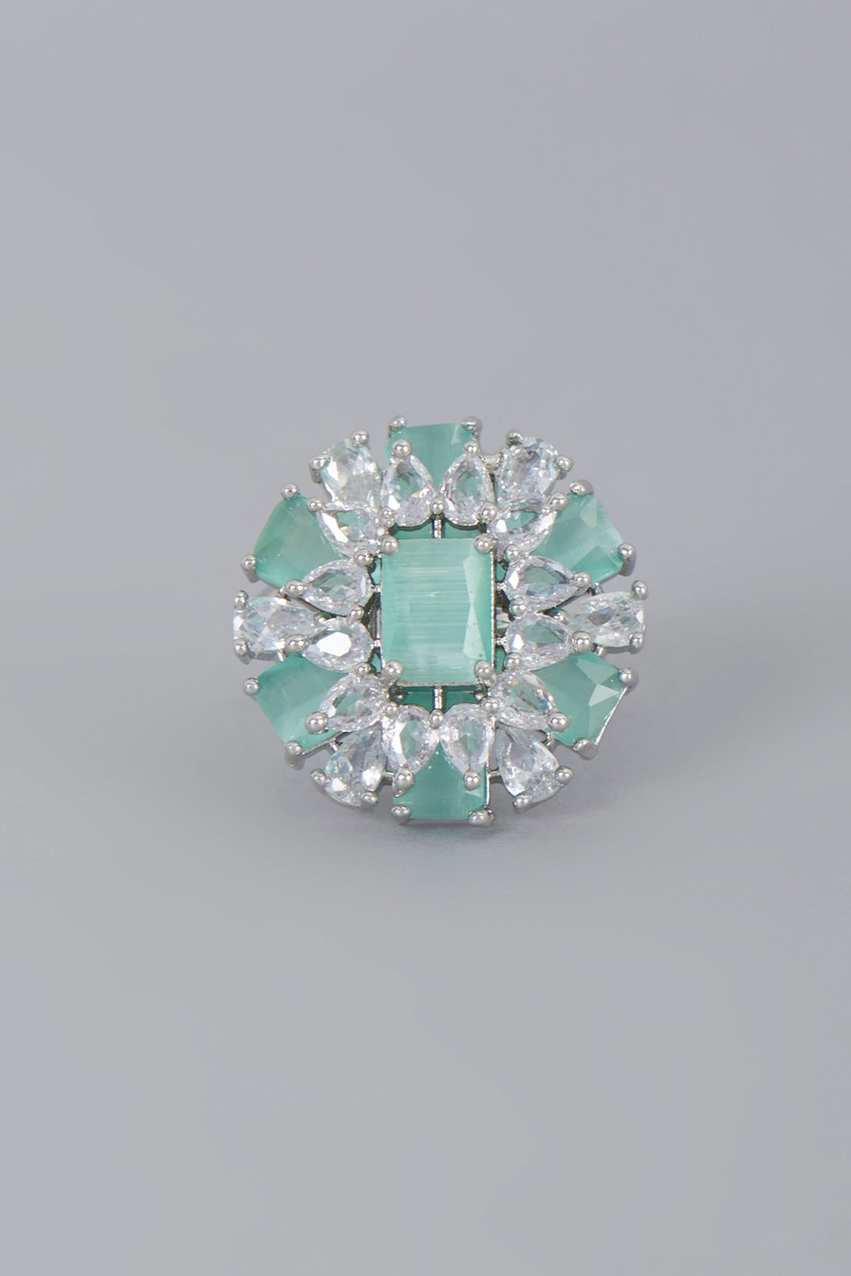 White Finish Aqua Synthetic Stone & Zircon Ring