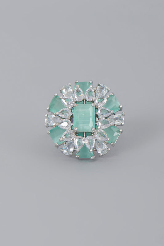 White Finish Aqua Synthetic Stone & Zircon Ring