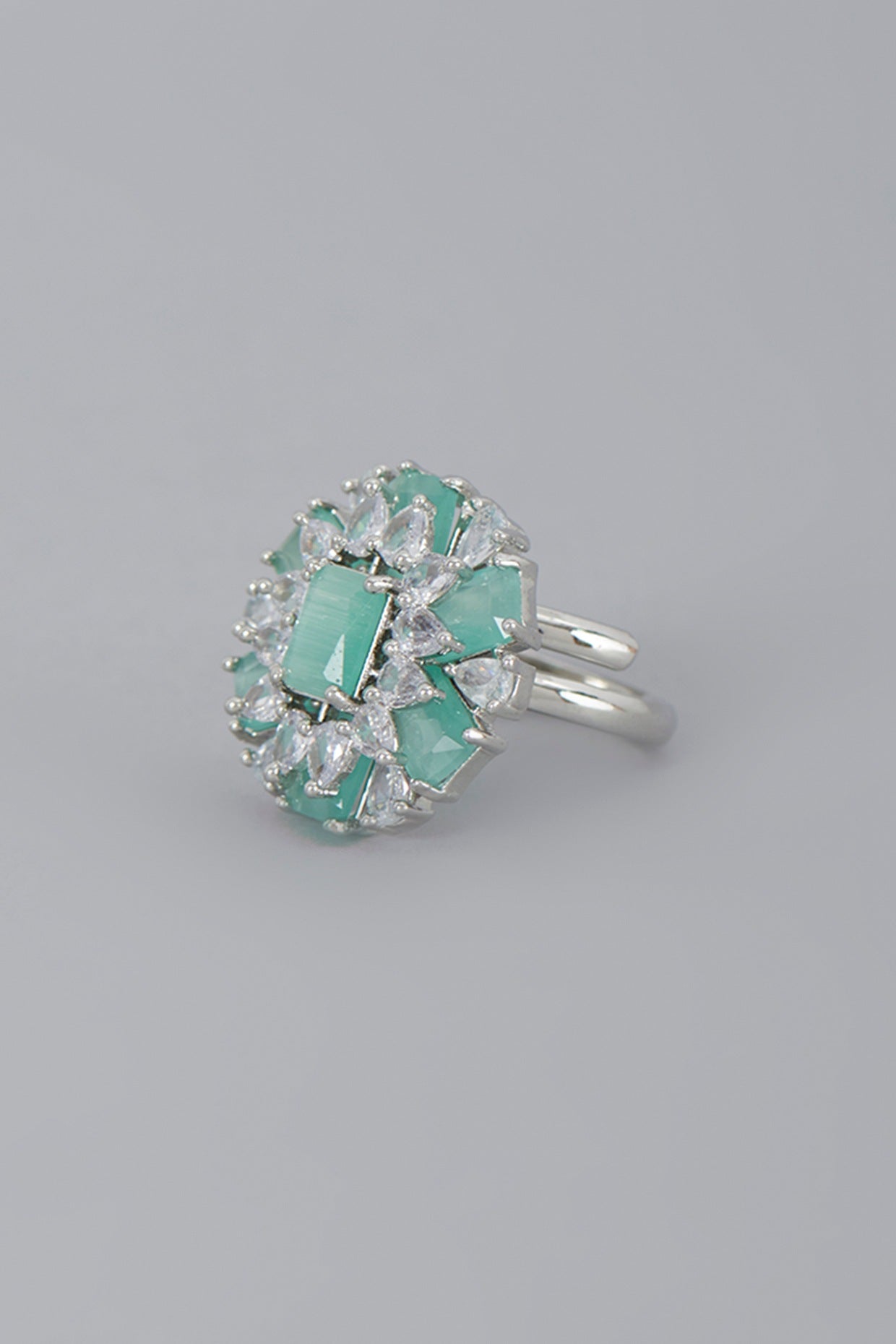 White Finish Aqua Synthetic Stone & Zircon Ring