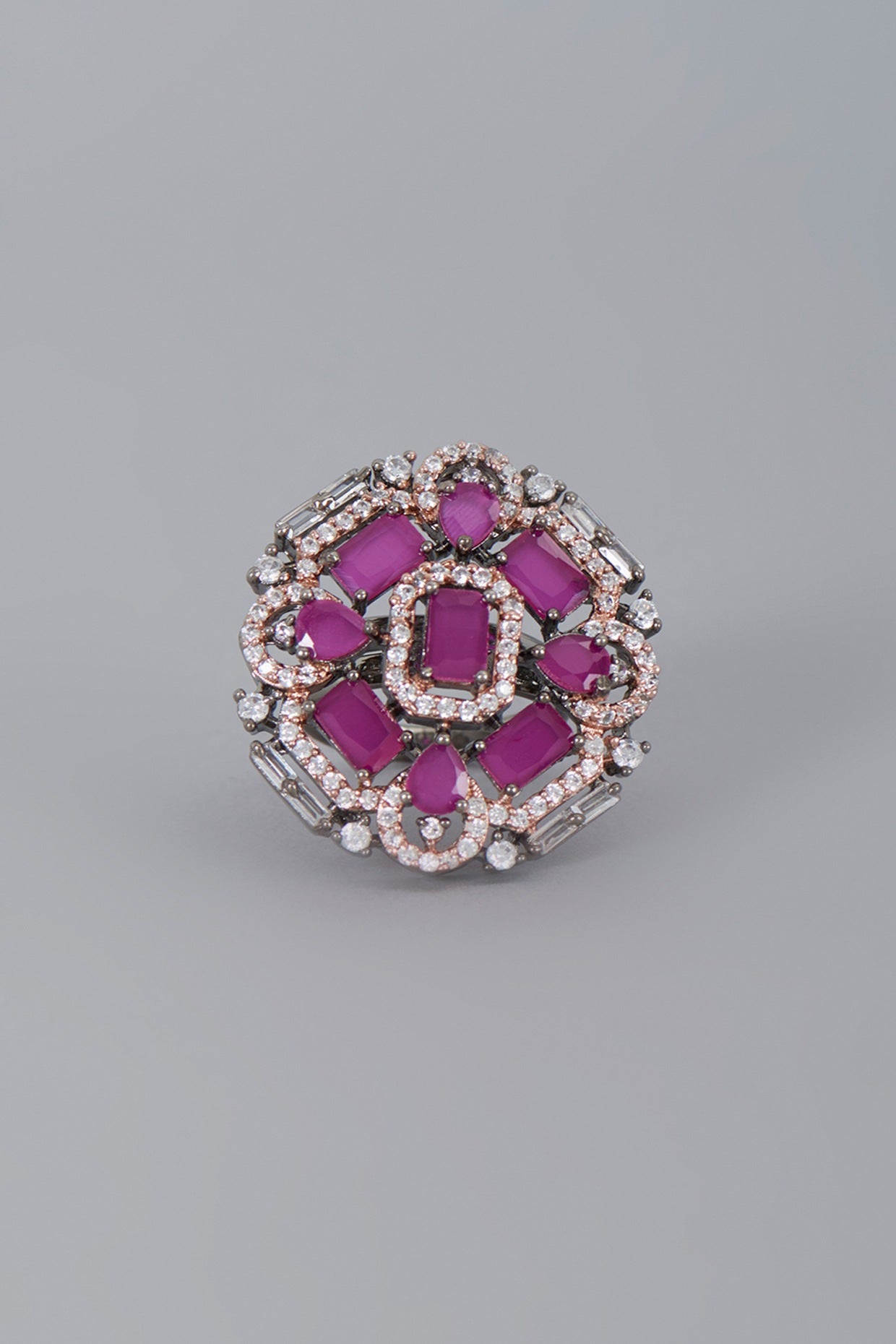 Two Tone Finish Zircon & Ruby Stone Ring