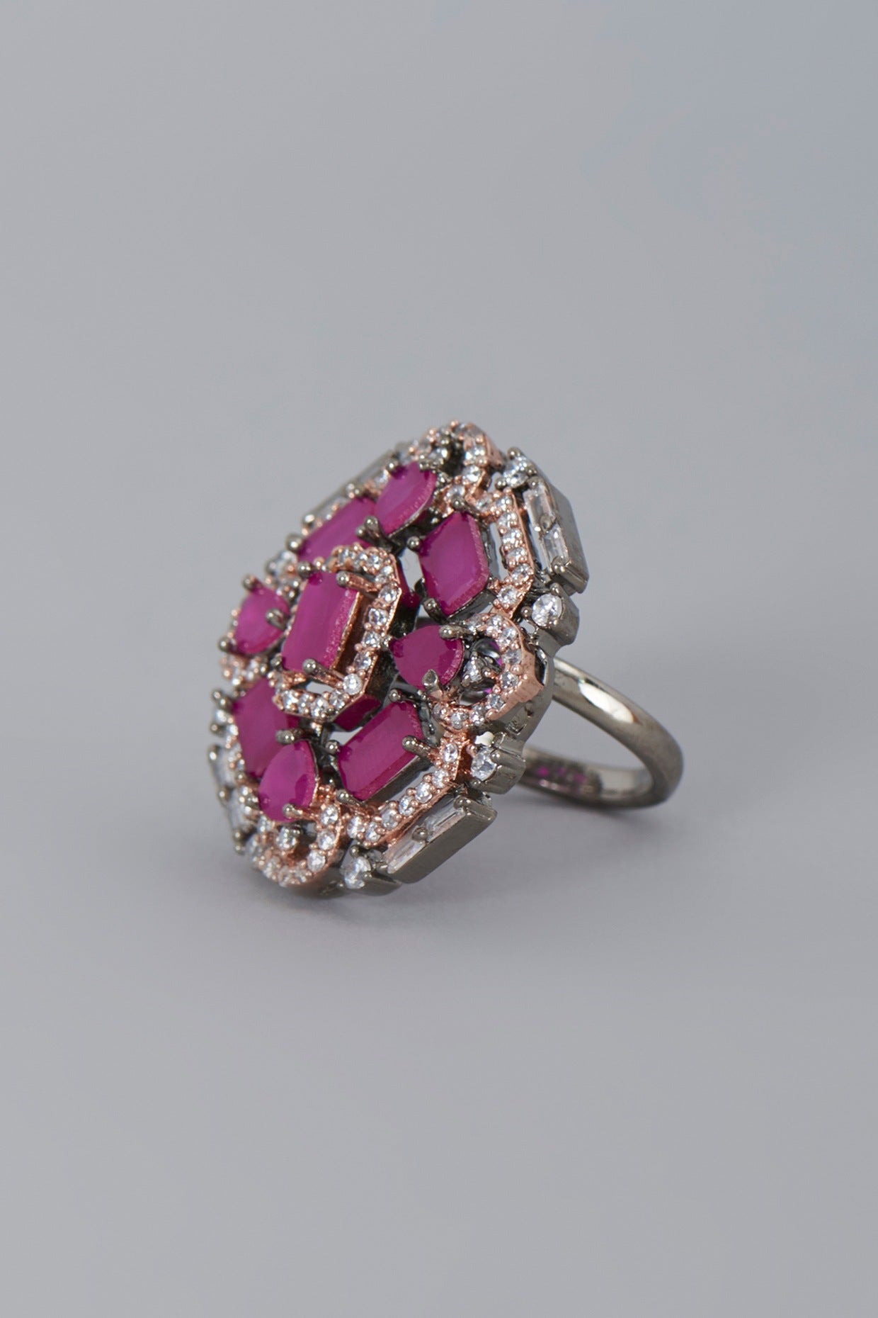 Two Tone Finish Zircon & Ruby Stone Ring