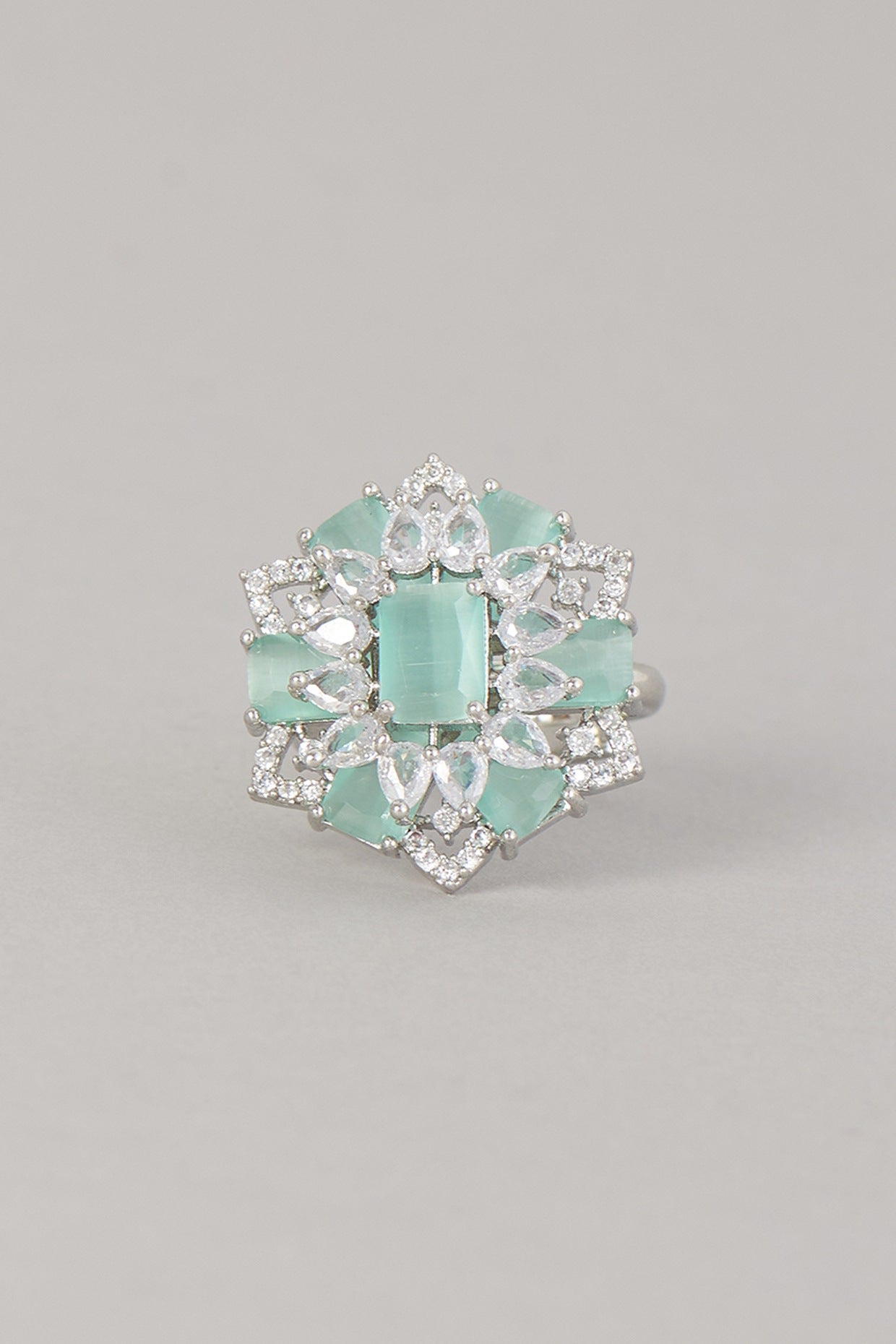 White Finish Zircon & Turquoise Stone Ring