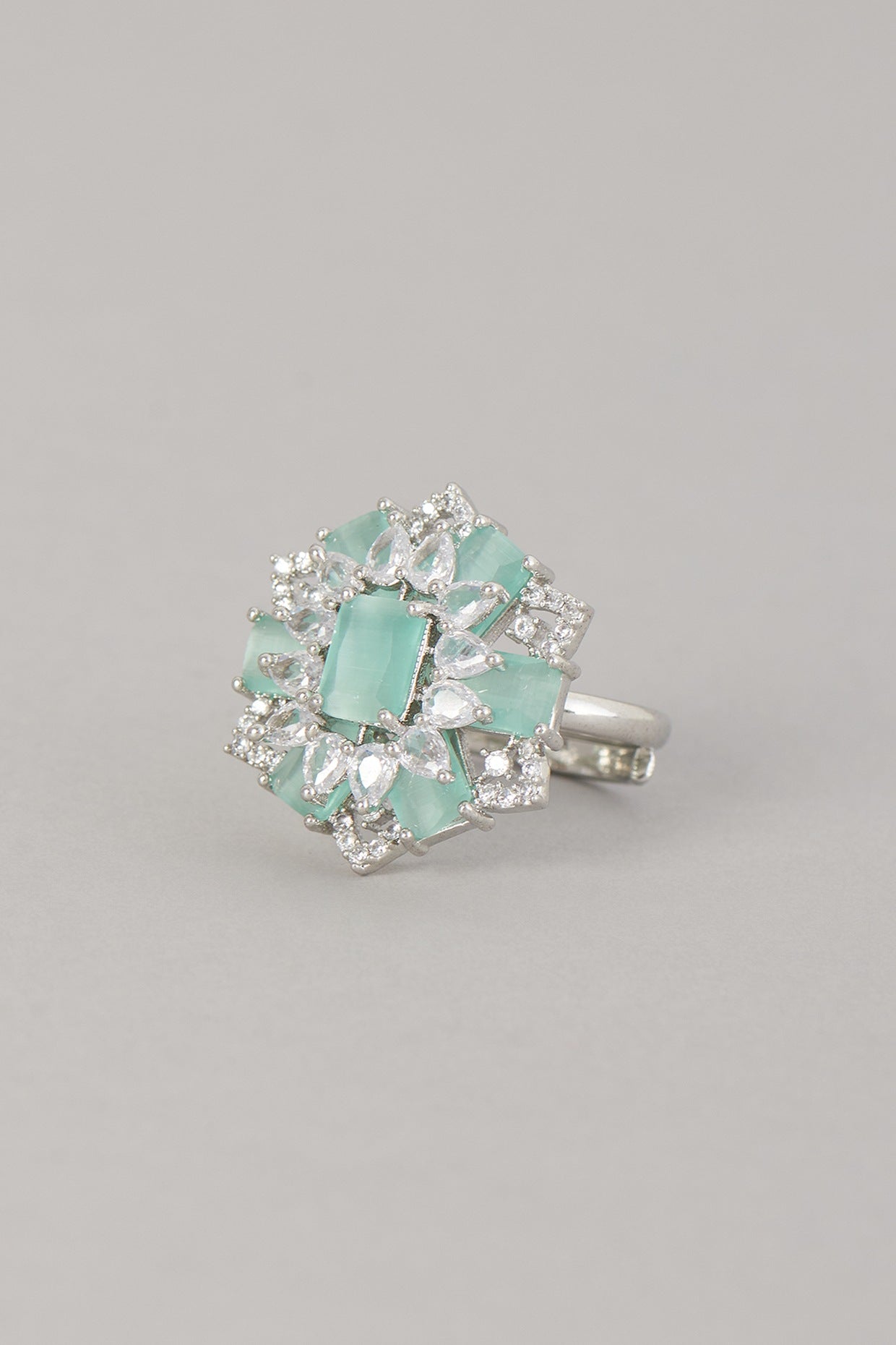 White Finish Zircon & Turquoise Stone Ring