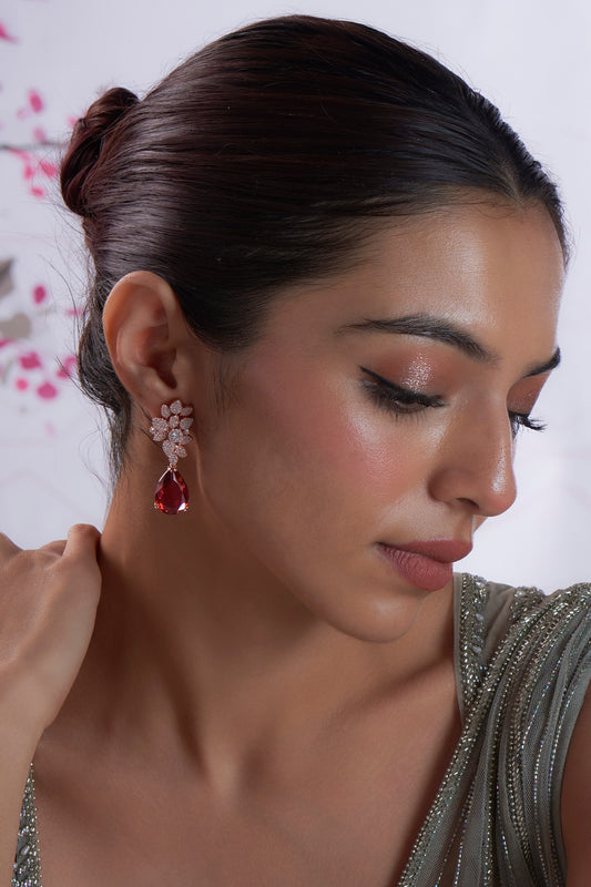 Rose Gold Finish Zircon & Red Stone Dangler Earrings