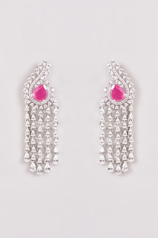 White Finish Zircon & Red Stone Dangler Earrings