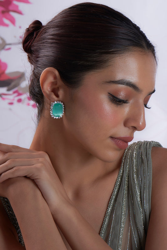 White Finish Aqua Stone & Zircon Stud Earrings