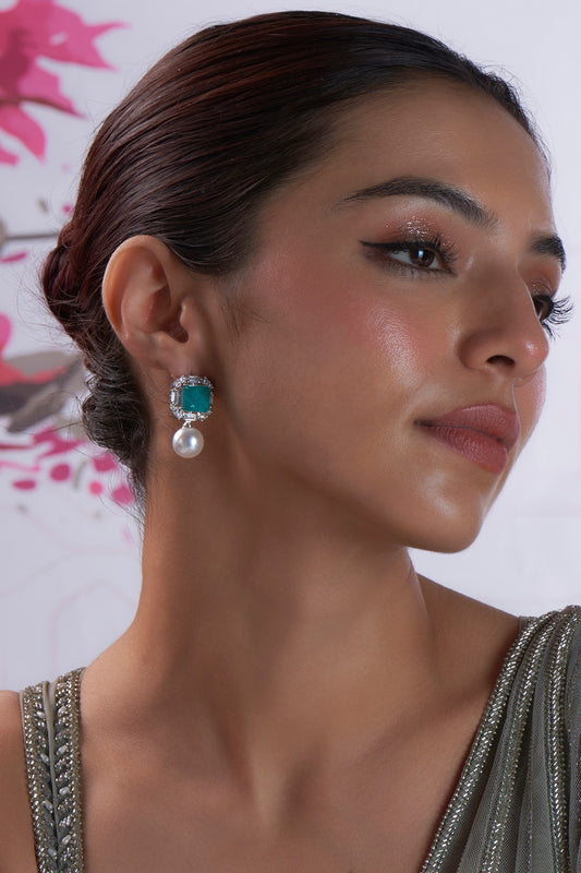 White Finish Aqua Stone & Zircon Stud Earrings