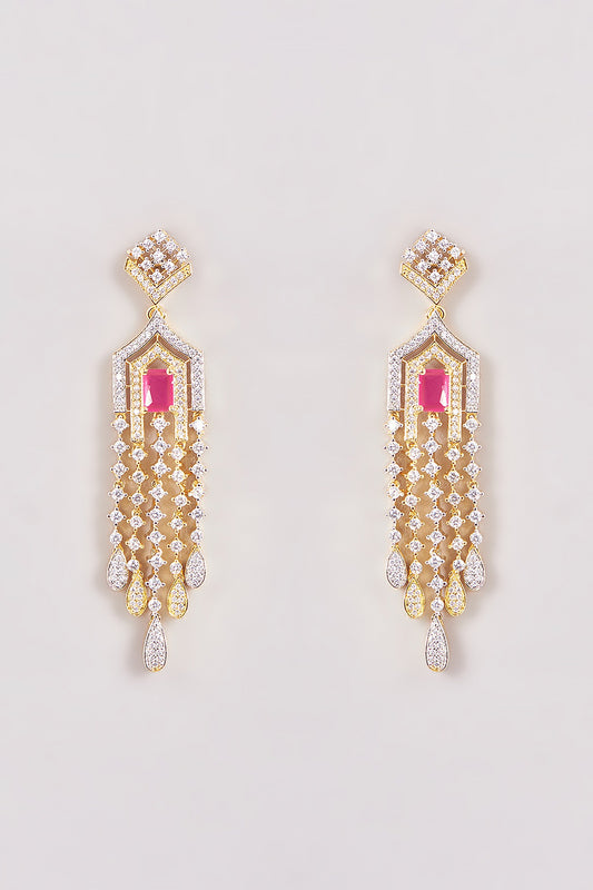 Gold Finish Zircon & Red Stone Dangler Earrings