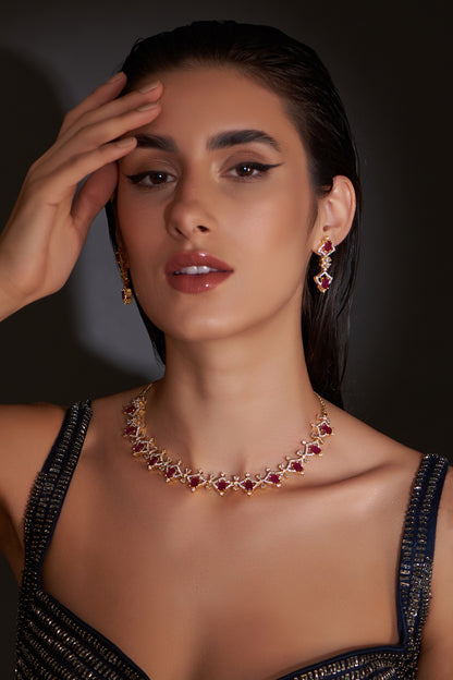 Gold Finish Zircon & Red Stone Necklace Set