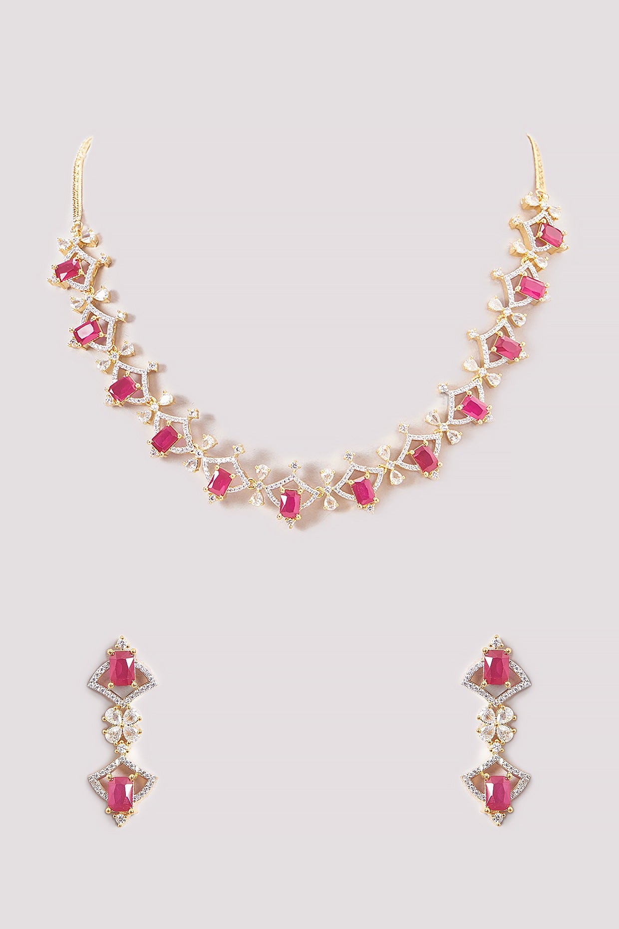 Gold Finish Zircon & Red Stone Necklace Set
