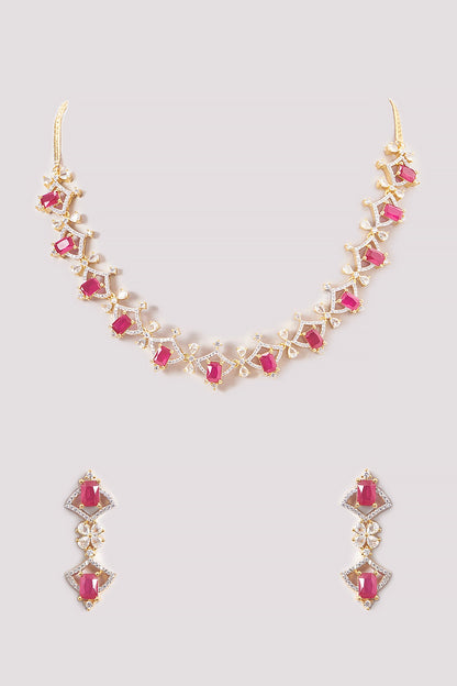 Gold Finish Zircon & Red Stone Necklace Set