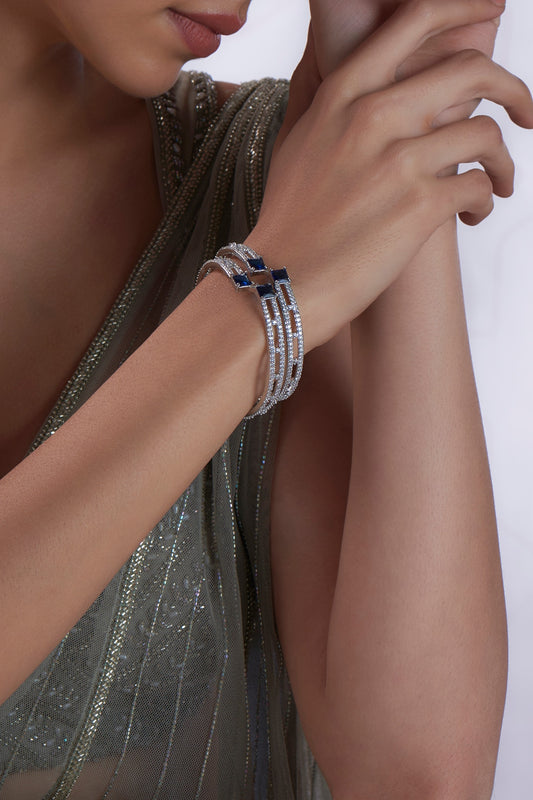 White Finish Zircon & Blue Stone Bangles (Set of 2)