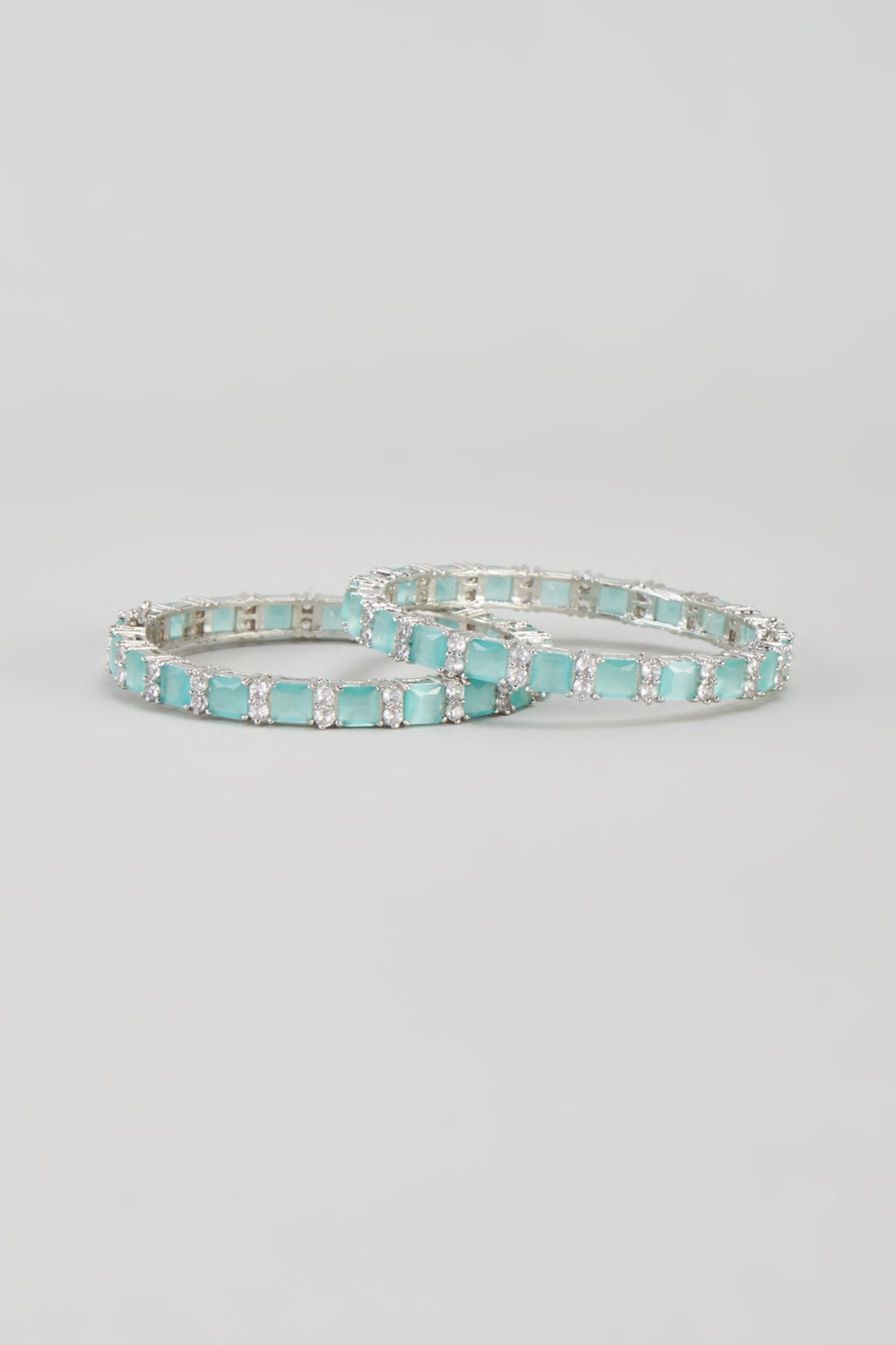 White Finish Zircon & Synthetic Aqua Stone Bangles (Set of 2)