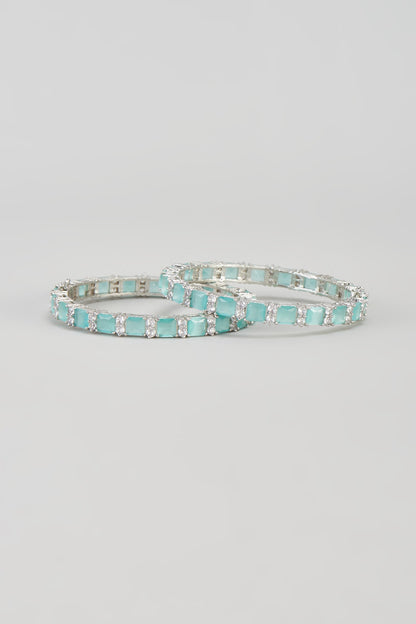 White Finish Zircon & Synthetic Aqua Stone Bangles (Set of 2)