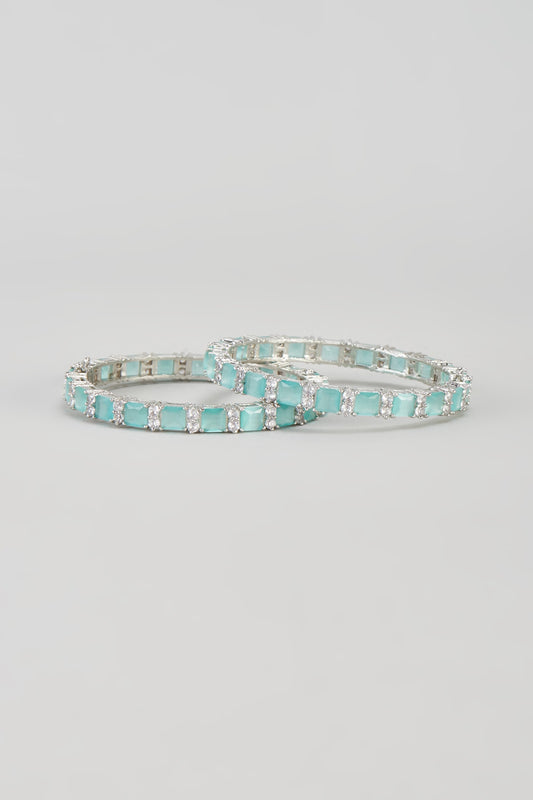 White Finish Zircon & Synthetic Aqua Stone Bangles (Set of 2)