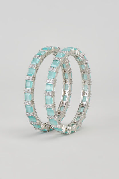 White Finish Zircon & Synthetic Aqua Stone Bangles (Set of 2)